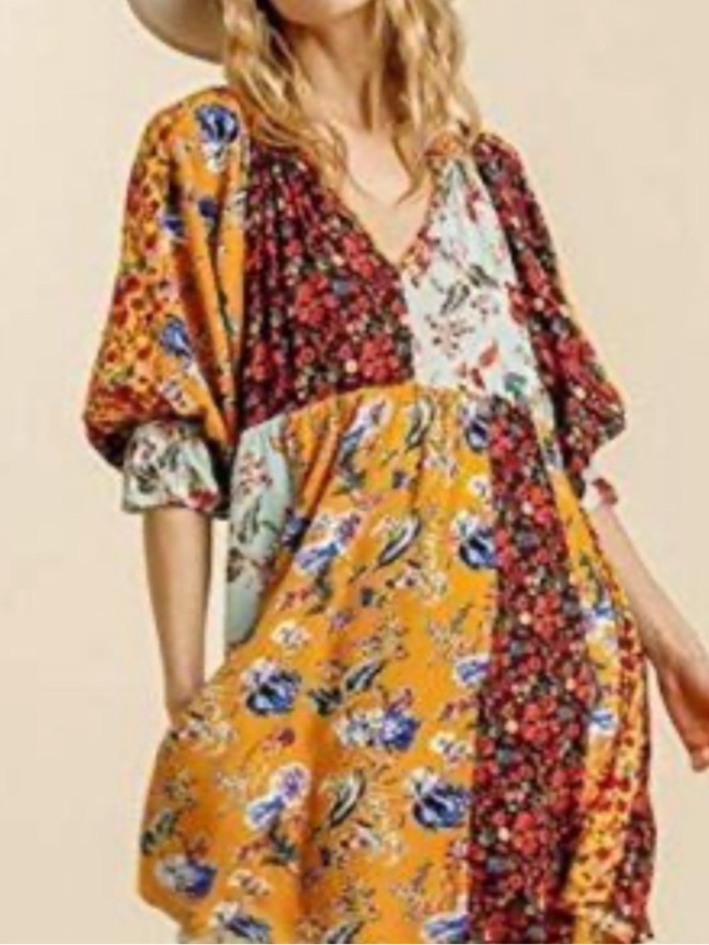 Umgee patchwork boho balloon sleeve dress